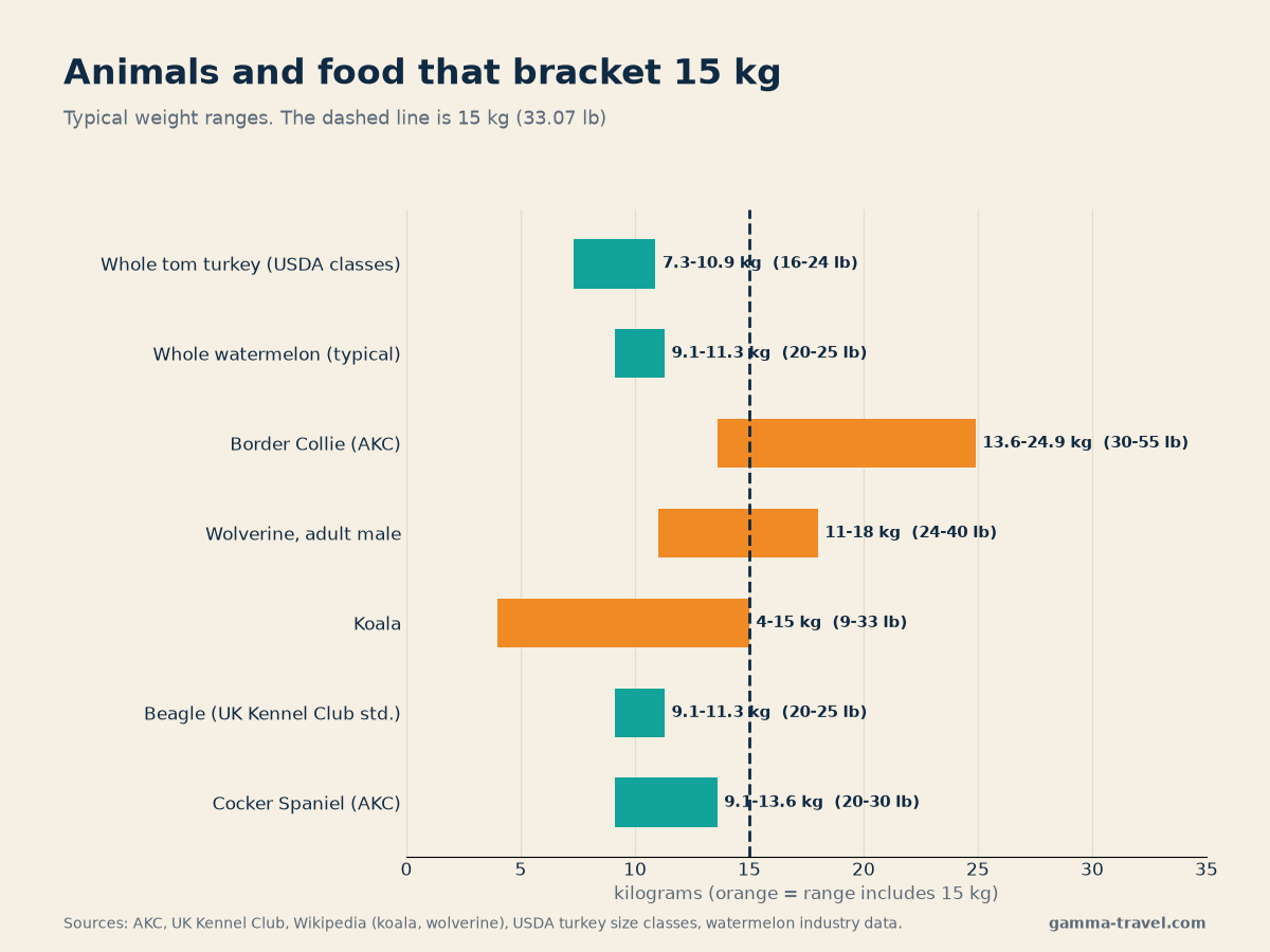 Chart of weight ranges for dogs, koala, wolverine, watermelon and turkey with a 15 kg line photo_0